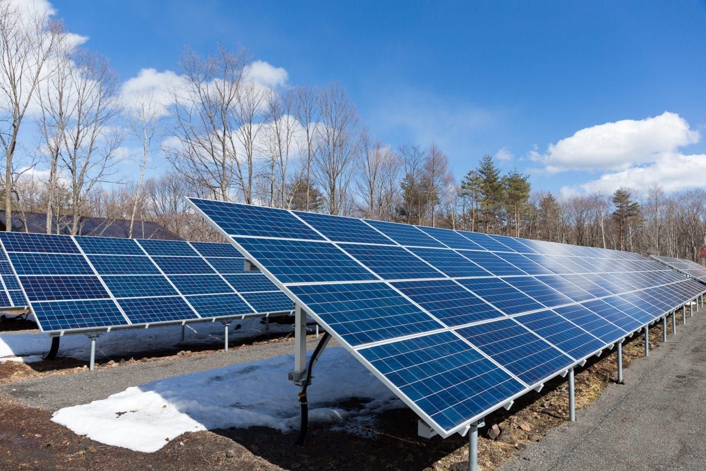Ground-mounted solar power plant in New York State in winter